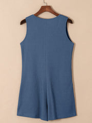 Dusty Blue waffle knit button-down romper with pockets, sleeveless, round neck