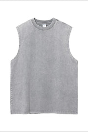 Gray acid wash muscle tank top with raw edges and crew neck.