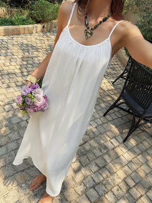 Flowy Spaghetti Strap Midi Dress in White, side view