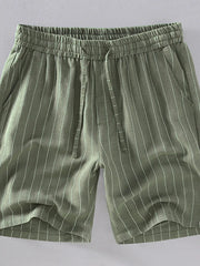 Men's Army Green striped drawstring chino shorts with pockets.