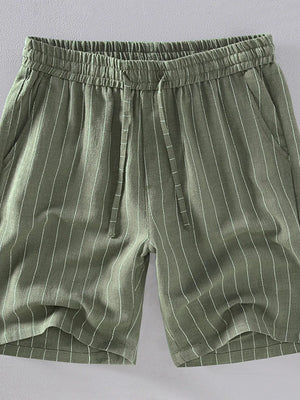 Men's Army Green striped drawstring chino shorts with pockets.