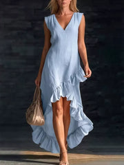 Full Size V-neck Ruffle Hem High-low Dress, alternate angle