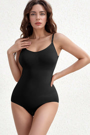 Black ribbed contour shaping bodysuit with adjustable straps and V-neckline.