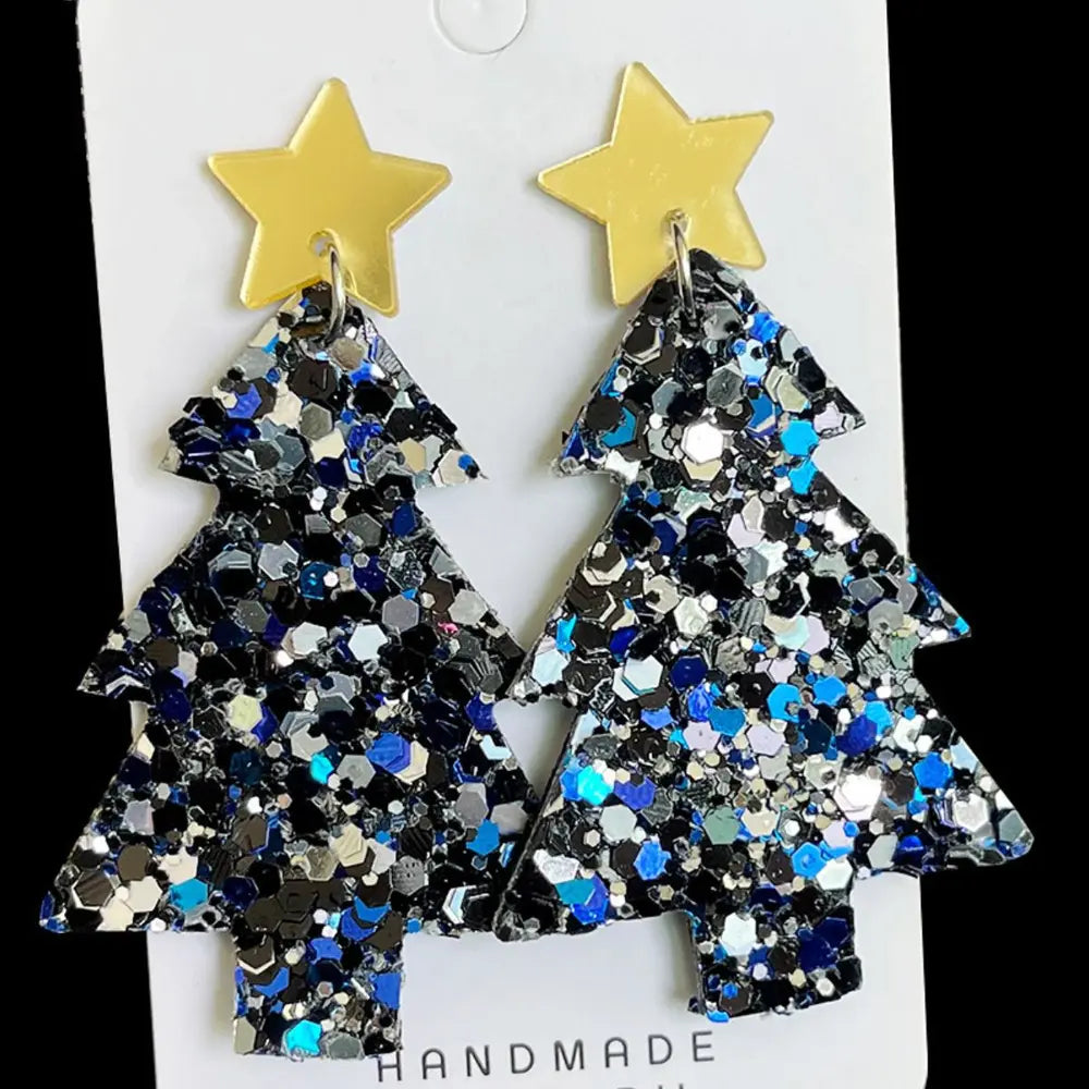 Glittered Christmas tree acrylic earrings with gold star tops in dark blue and silver.