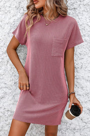 Ribbed tee dress in Deep Rose with patch pocket and short sleeves.