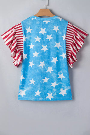 Patriotic t-shirt with blue star print and red striped ruffle sleeves.