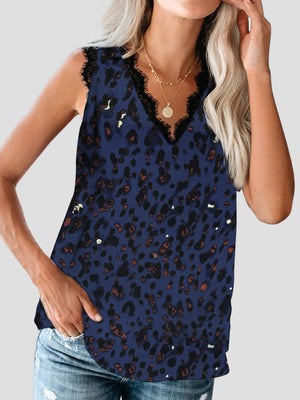 Dark Blue leopard print camisole with black lace trim and V-neck.