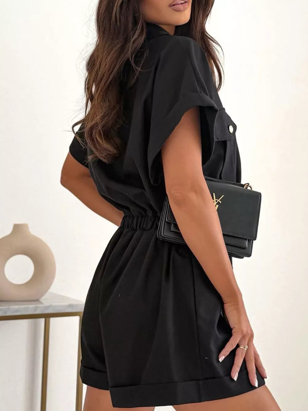 Button Front Short Sleeve Shirt And Shorts Set in Gum Leaf, close-up detail