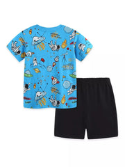 Blue cotton baby tee with astronaut and space graphic, paired with black shorts.