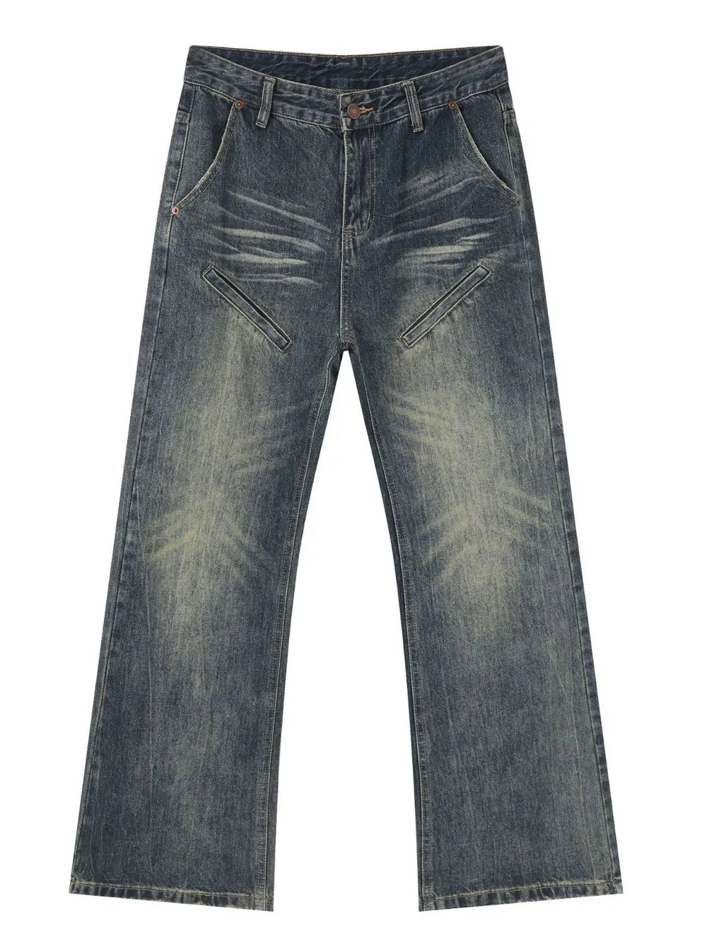 Vintage wash flare leg jeans in medium blue denim with unique diagonal pocket details.