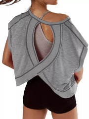 Gray t-shirt with exposed seams, cutout back and crisscross detail.