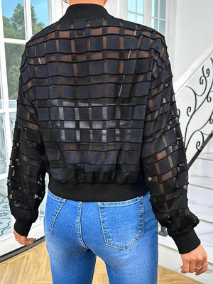 Black bomber jacket with sheer textured gridwork pattern and ribbed cuffs.