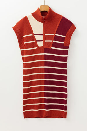 Colorblock ribbed mini dress with zip neck in terracotta, beige, and maroon stripes.