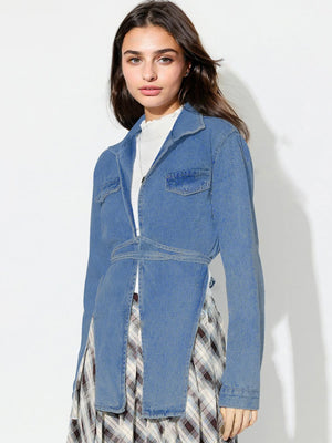 Medium wash denim wrap jacket with tie waist and asymmetric hem.
