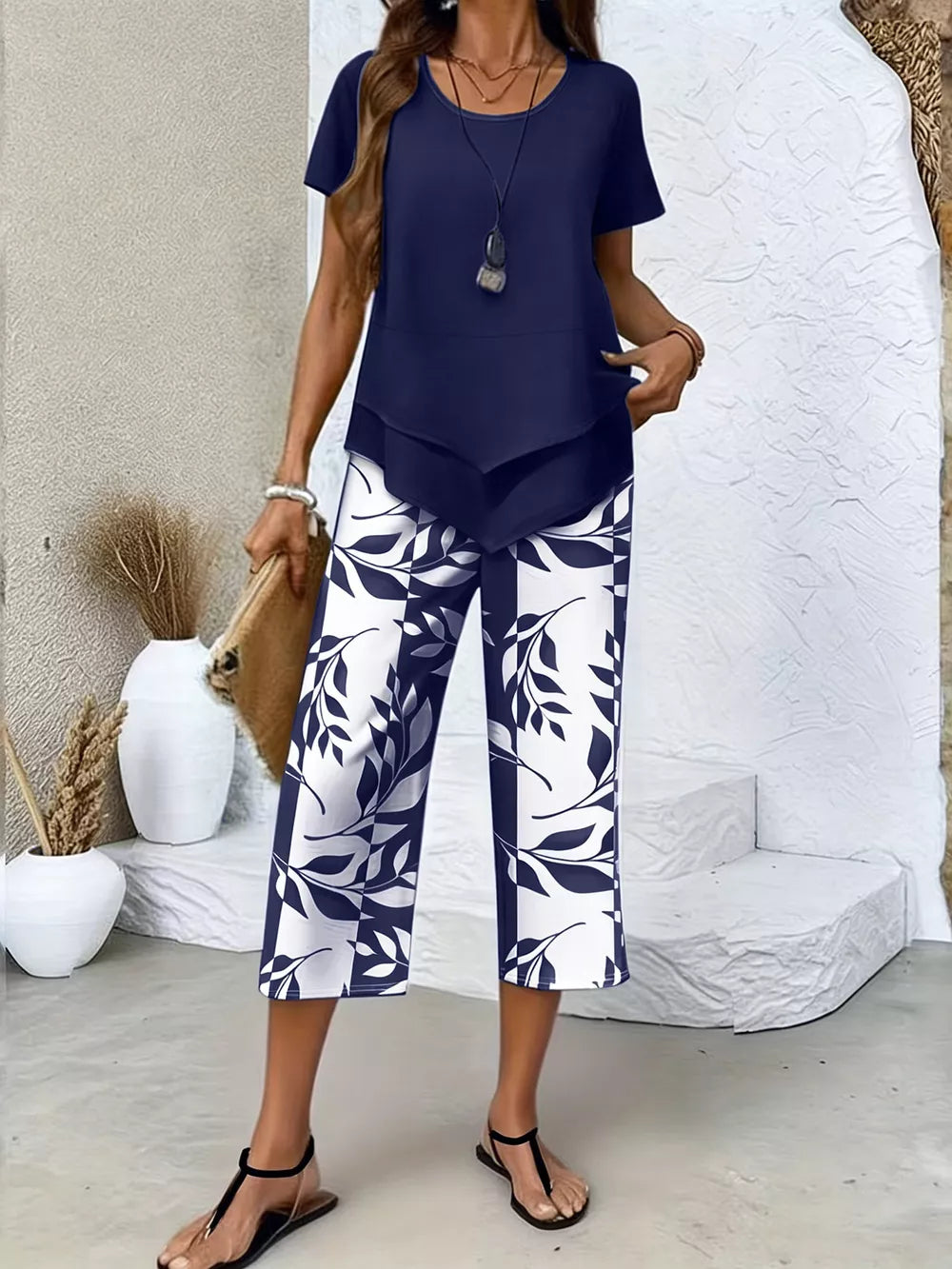 Chic Layered Top & Leaf Print Pants Set