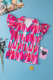 Brushstroke ruffle sleeve V-neck blouse in hot pink with abstract print