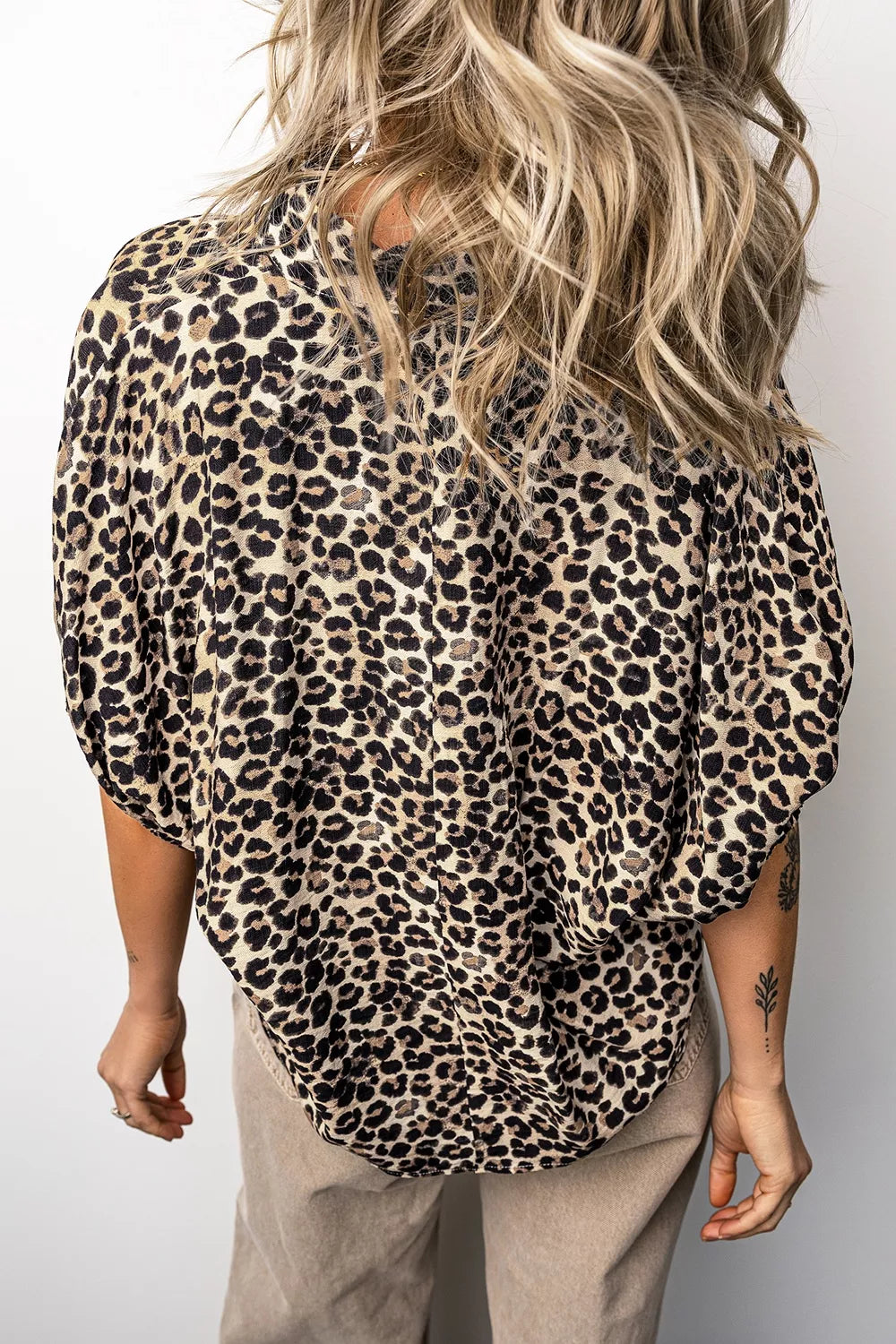Leopard Contrast Trim V Neck Dolman Blouse in Taupe, close-up detail