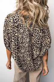 Leopard Contrast Trim V Neck Dolman Blouse in Taupe, close-up detail