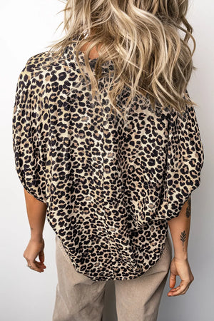 Leopard Contrast Trim V Neck Dolman Blouse in Taupe, close-up detail