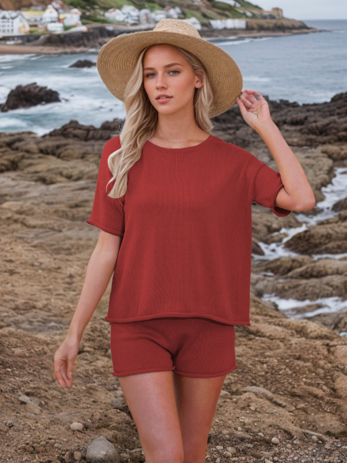 Textured knit co-ord set in scarlet, featuring a relaxed fit top and shorts.