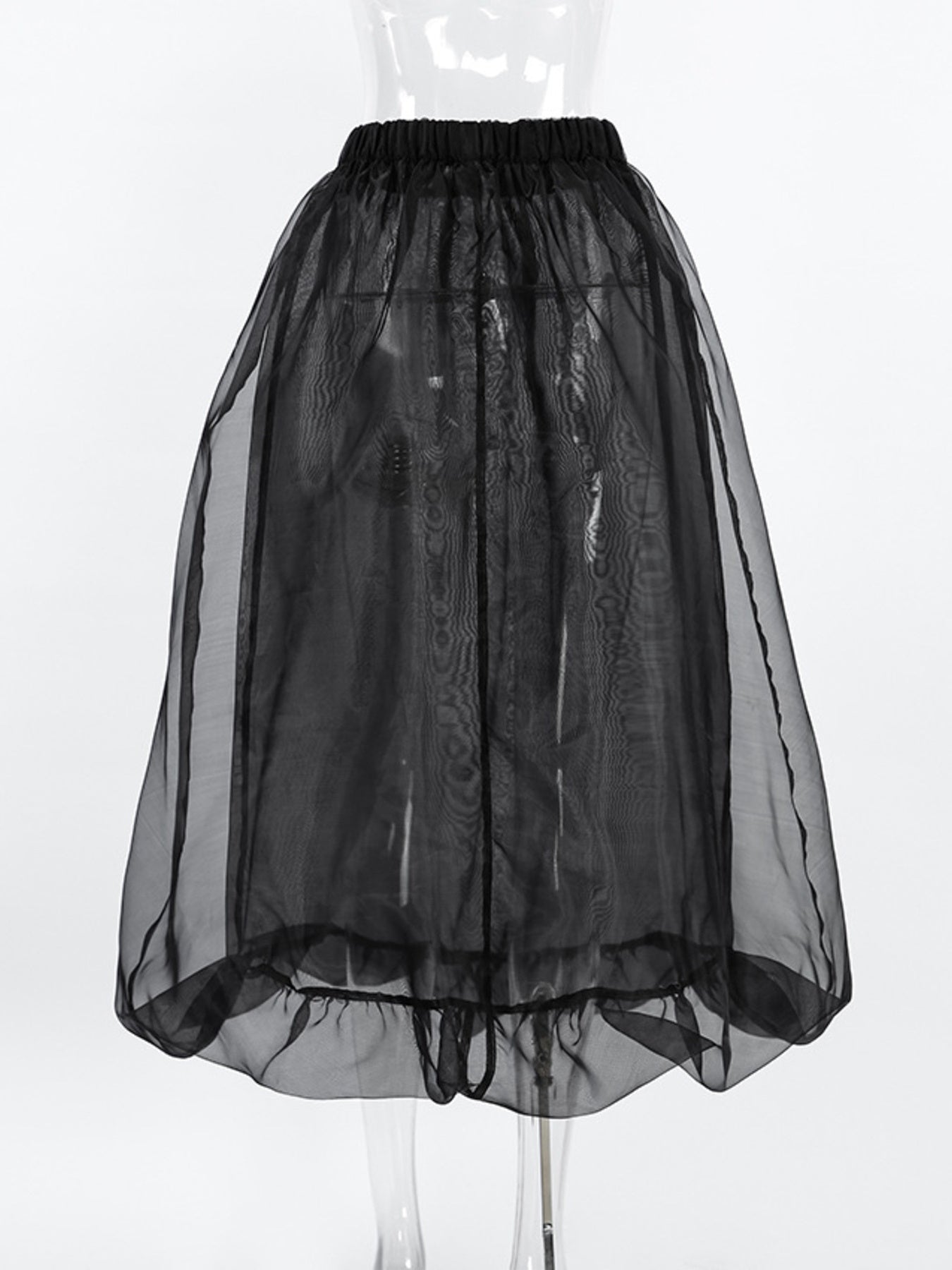Black midi skirt with sheer overlay and ruffled hem