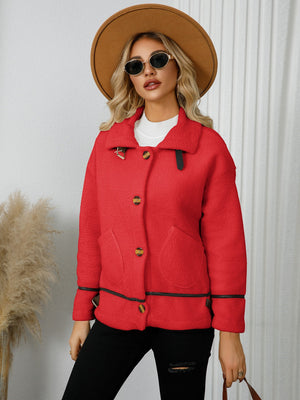 Deep Red teddy textured jacket with leatherette trim, button front, and flap pockets.