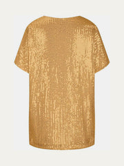 Brass sequin slouchy v-neck top with short sleeves