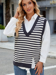 Striped knit V-neck vest with side slits, styled over a white shirt.