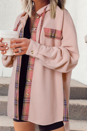 Blush pink waffle knit shacket with plaid trim details and button front.