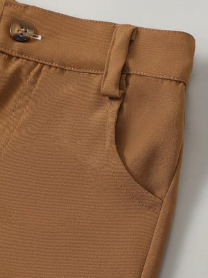 Brown baby pants with button closure and pocket detail.