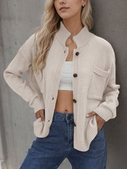 Cream stand collar knit cardigan with buttons and chest pocket