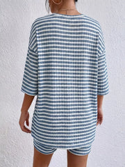 Blue striped two-piece set with elbow sleeve top and shorts