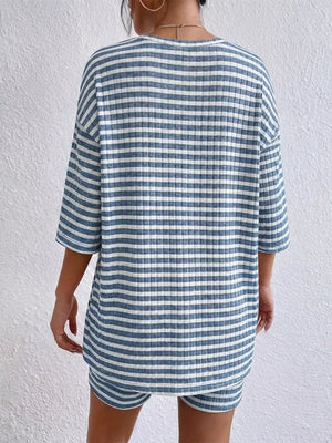 Blue striped two-piece set with elbow sleeve top and shorts