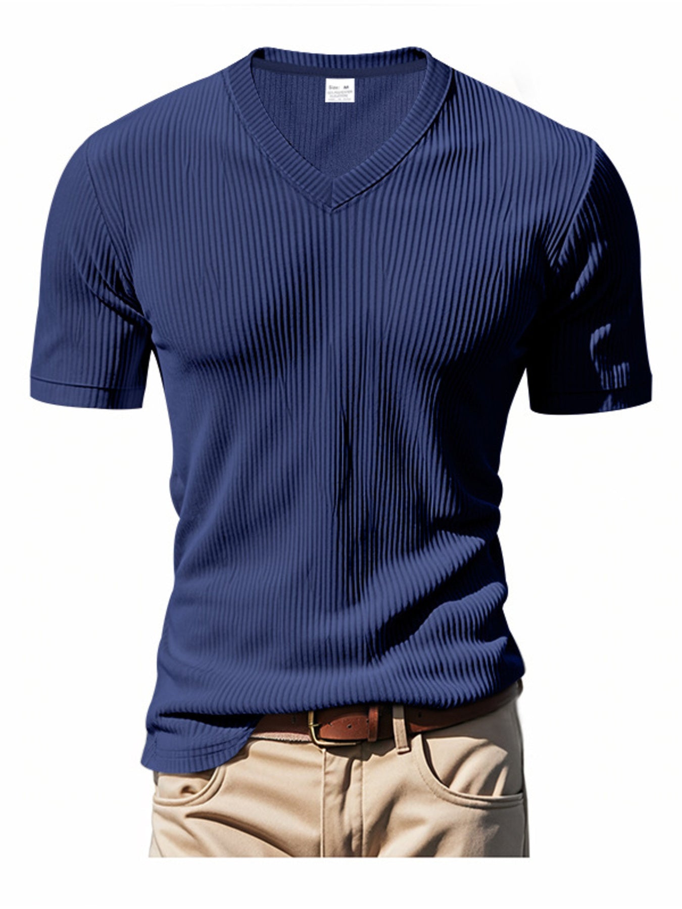 Denim Blue ribbed V-neck t-shirt with short sleeves.