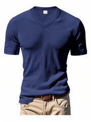 Denim Blue ribbed V-neck t-shirt with short sleeves.