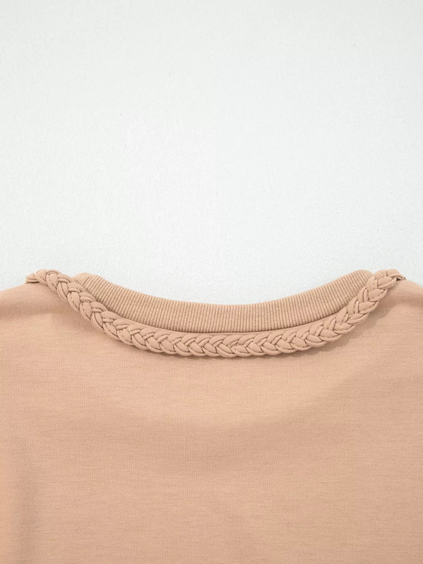 Braided Puff Sleeve Dress in Khaki with braided neckline detail