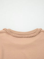 Braided Puff Sleeve Dress in Khaki with braided neckline detail