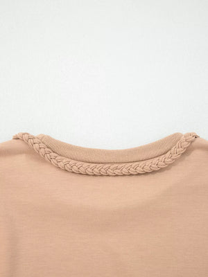 Braided Puff Sleeve Dress in Khaki with braided neckline detail