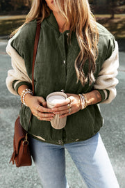 Moss corduroy bomber jacket with sherpa sleeves and contrast trim.