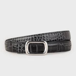 Black crocodile textured cowhide leather belt with silver buckle