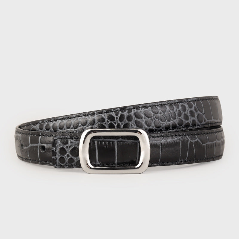 Black crocodile textured cowhide leather belt with silver buckle