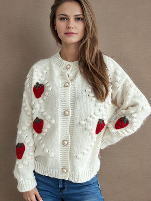 Cream knit cardigan with strawberry patches and pearl buttons