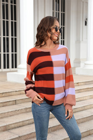 Pastel block stripe crewneck pullover sweater with balloon sleeves in acrylic.