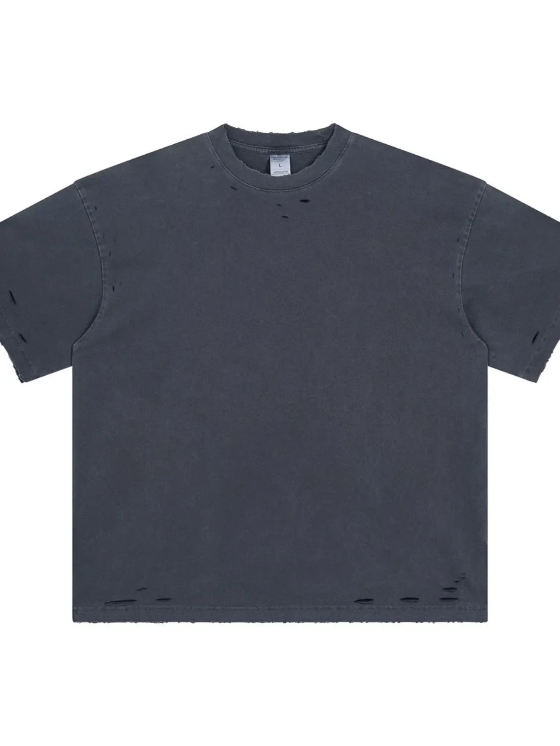 Distressed oversized cotton tee in dark gray with ripped details on the neckline and hem.