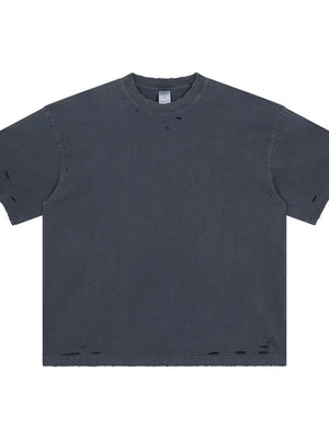 Distressed oversized cotton tee in dark gray with ripped details on the neckline and hem.