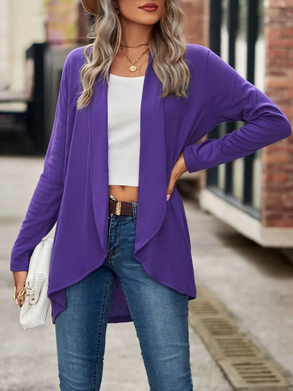cardigan in purple featuring dropped shoulder and relaxed fit