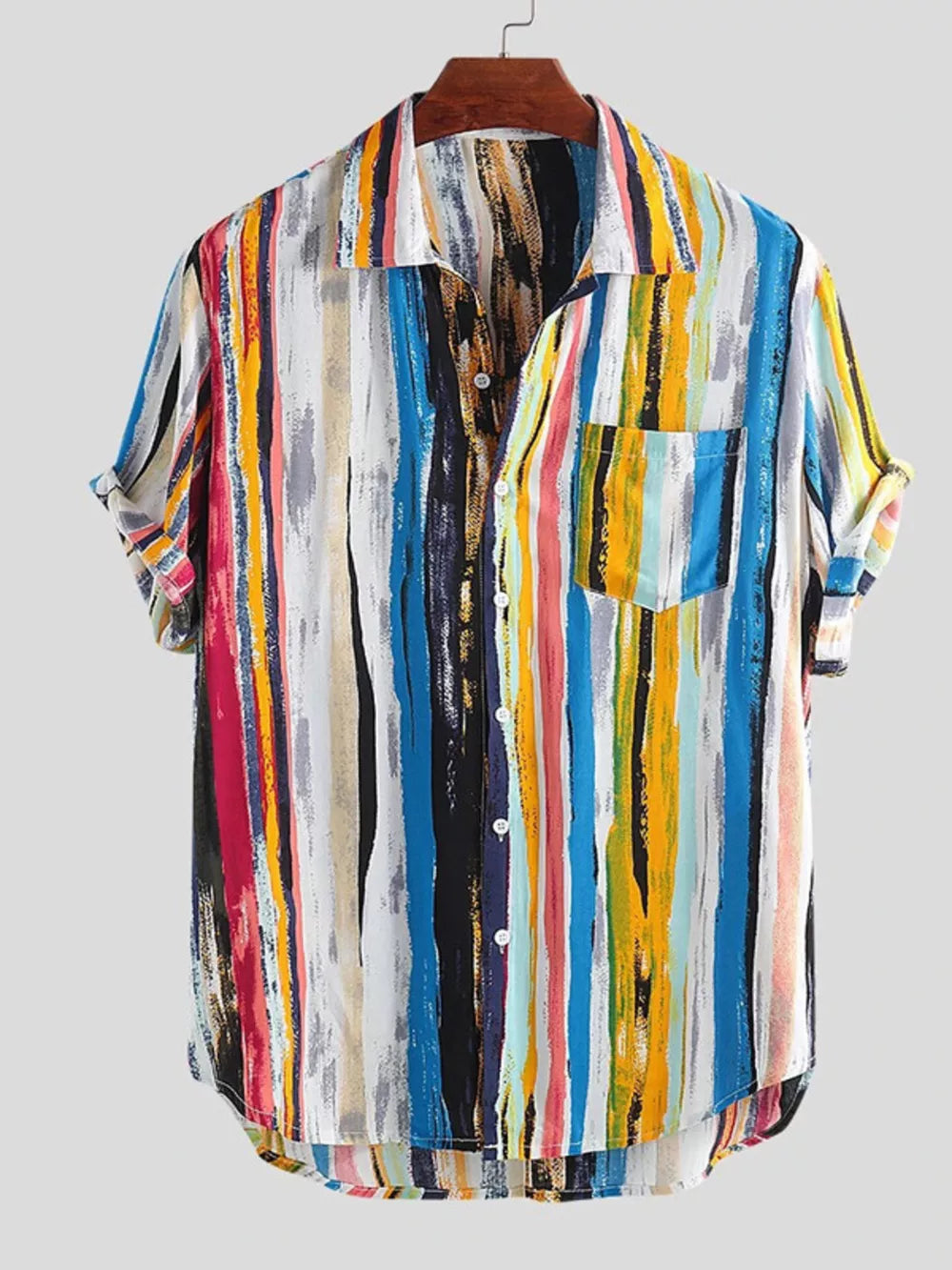 Men's Full Size Striped Button Up Shirt in Light Blue, front view