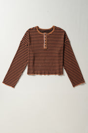 Textured henley stripe knit top in caramel with black stripes and button detail