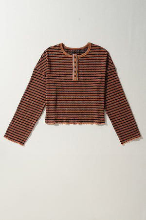 Textured henley stripe knit top in caramel with black stripes and button detail