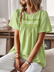 Lime textured puff sleeve yoke top with crochet trim and short sleeves